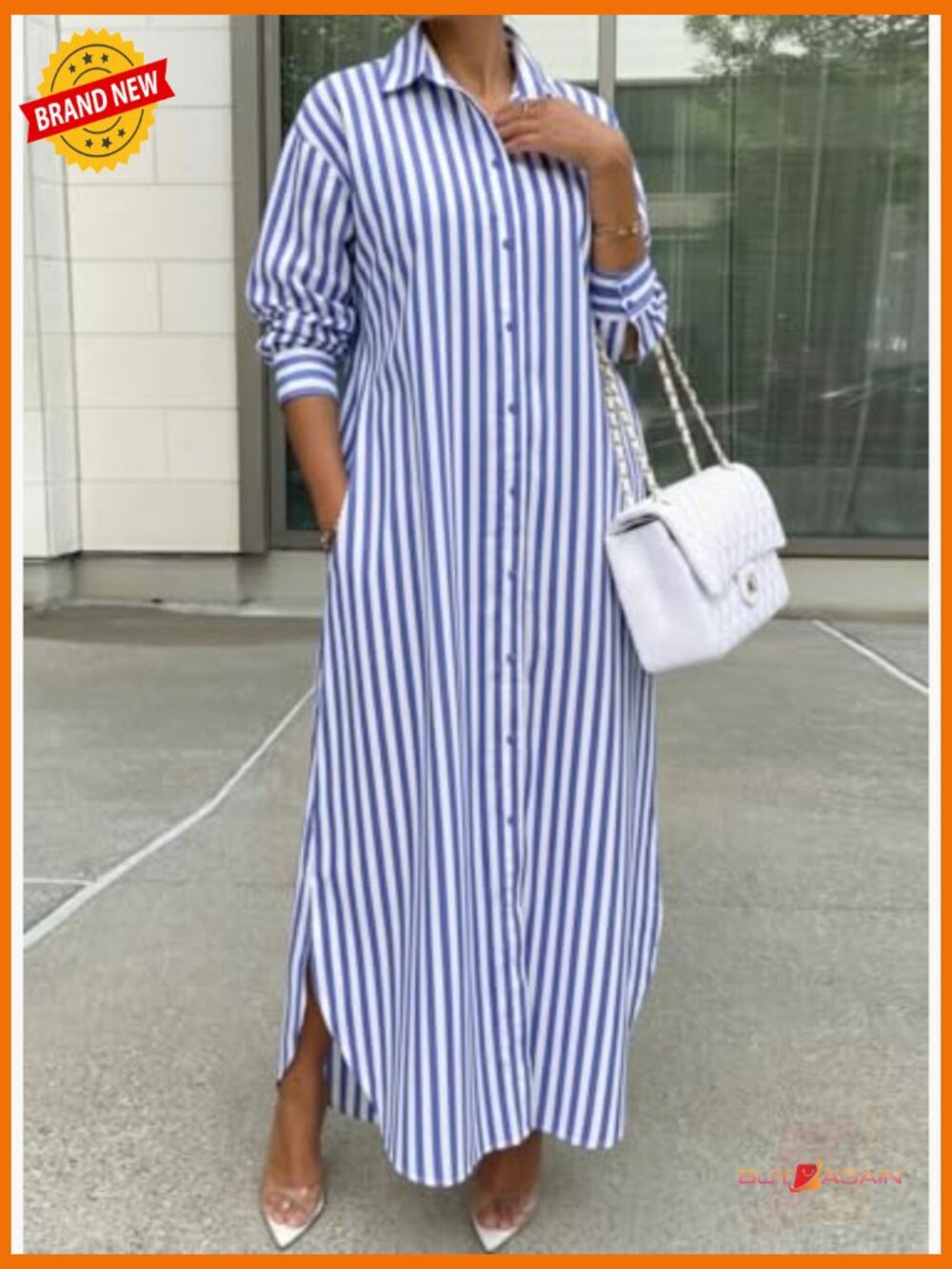 Cotton Striped Button Down Maxi Dress with Pockets - Picture 4 of 7